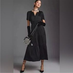 By Anthropologie Somerset Black Tiered Silky Satin V-Neck Maxi Dress Size Small